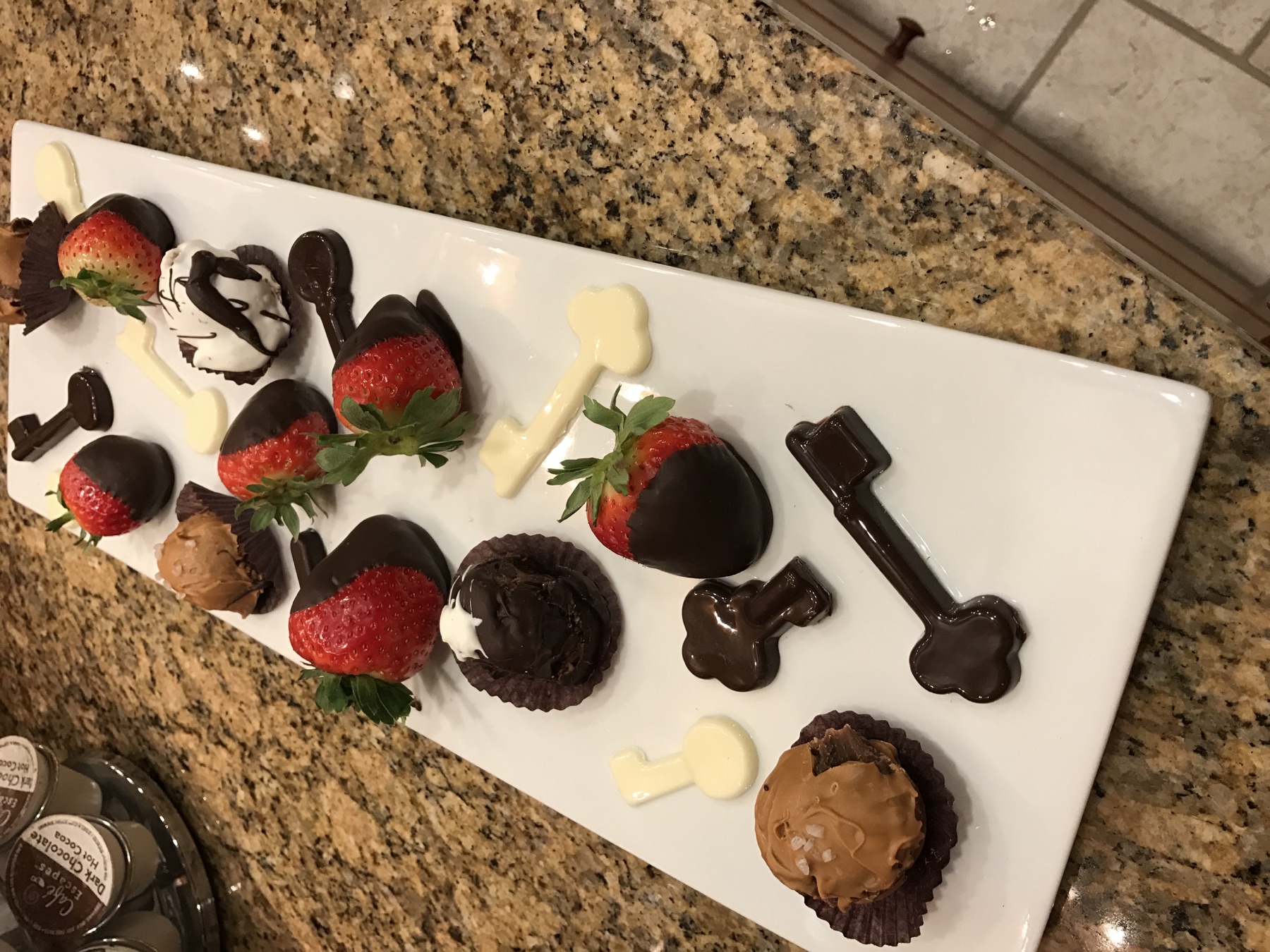 Chocolate-dipped strawberries, truffles, and molded chocolates